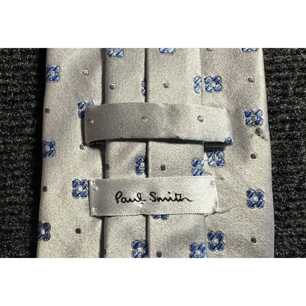 Paul Smith Tie Silk Men's Gray Blue Geometric Pattern Red Floral Tip Woven